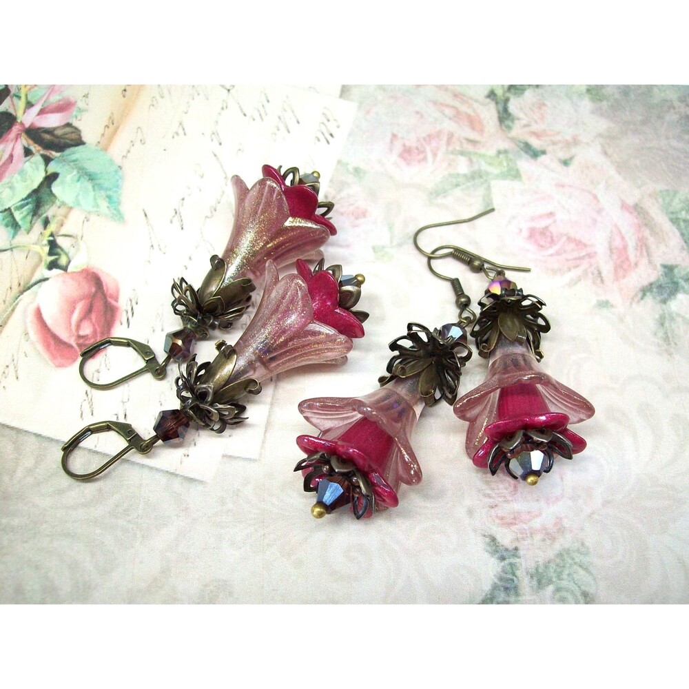 Rose Quartz Pink Flower Earrings, Hand Painted, Artisan Crafted Floral Jewelry